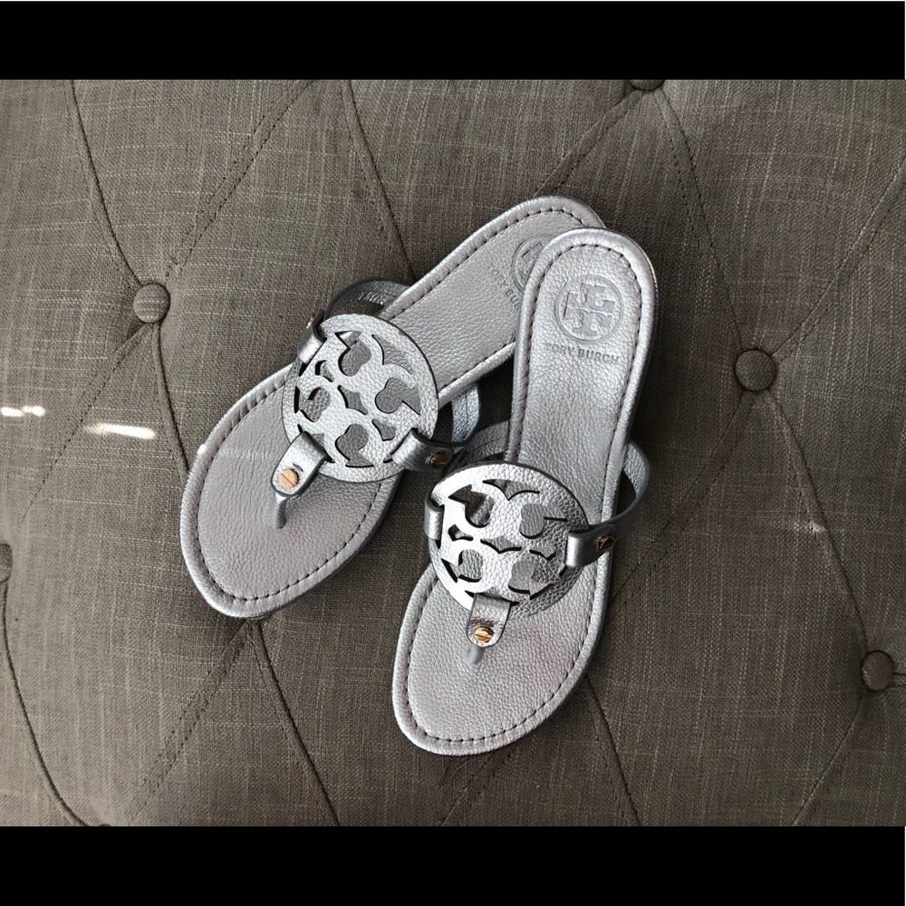 Silver Tumbled Leather Tory Burch Miller Sandals